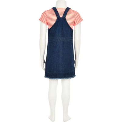 Girls stripe top and denim pinafore outfit